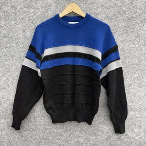 Tekau USA Wool Vintage 80s 90s Blue Black Colorblock Sweater, 100% Pure Wool, L
